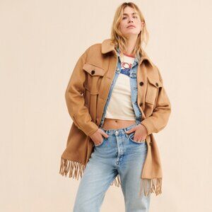 Sanctuary Western Fringe Hem Camel Wool Blend Button Up Coat NWOT